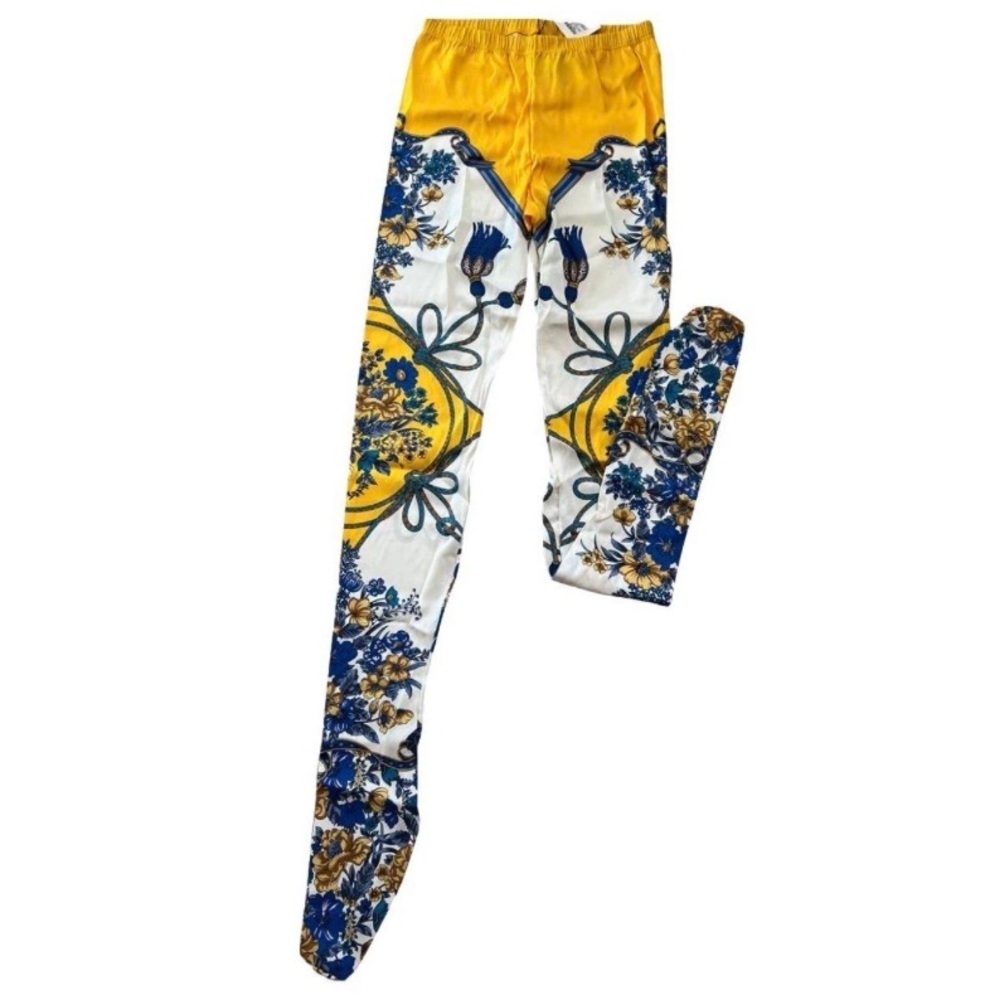 GUCCI Gold Blue Silk Floral & Tassel Print Designer Tights Leggings Size L
